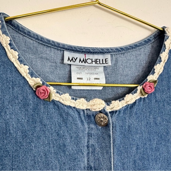 SOLDMy Michelle Vintage Blue Denim Modest Prairie Midi Button Down Dress Floral - Picture 6 of 9